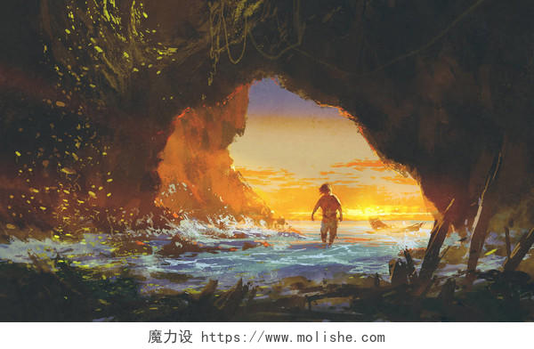 插图绘画在夕阳下海洞里的人